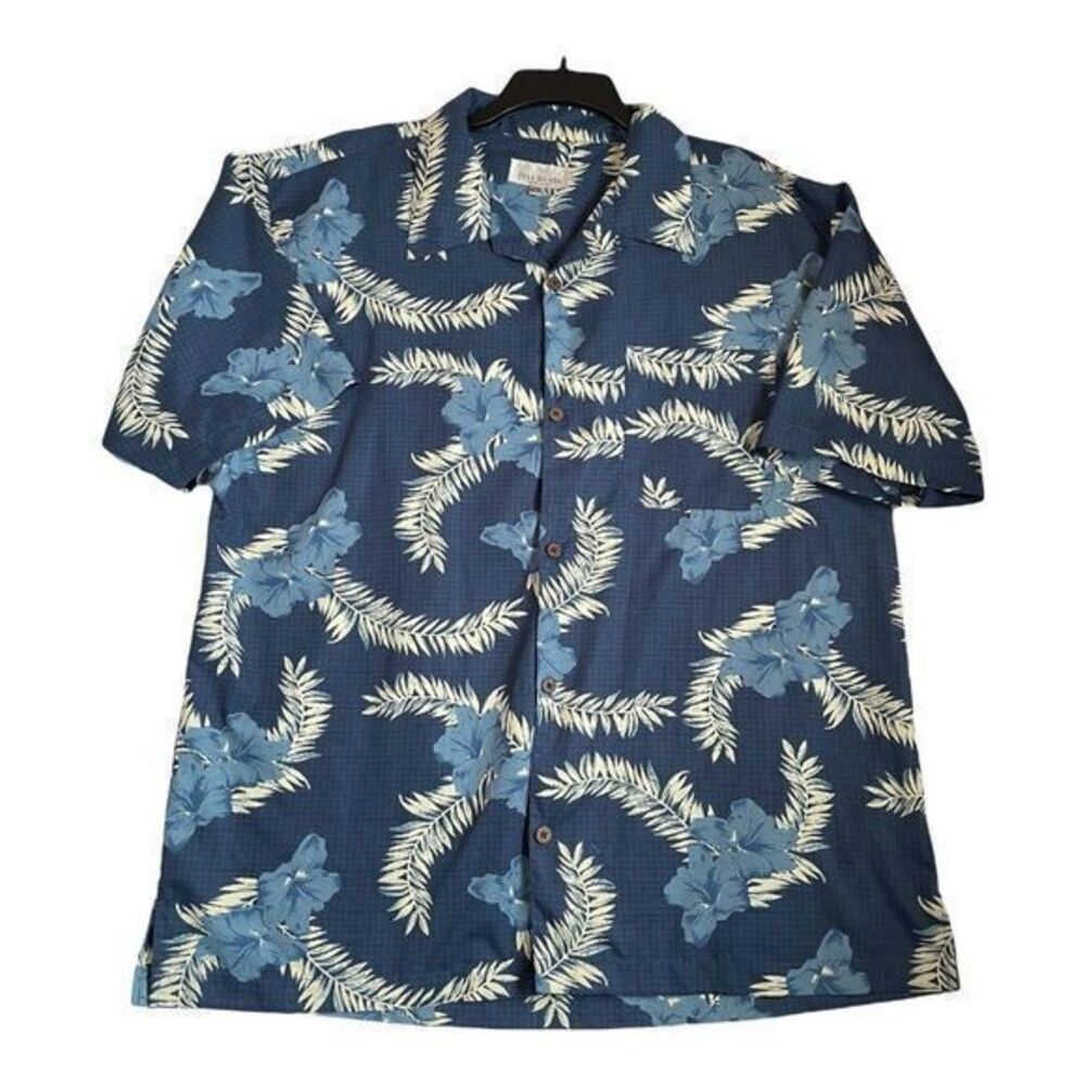 Bill Blass Shirt Mens Size XL Blue Button Down Short Sleeve Hawaiian Hibiscus - Picture 2 of 10